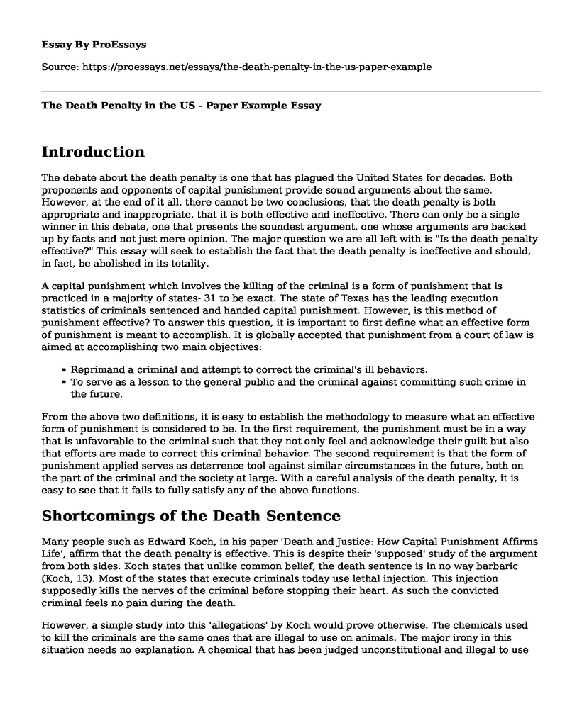 The Death Penalty in the US - Paper Example