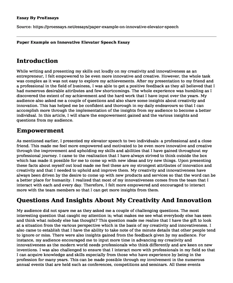 Paper Example on Innovative Elevator Speech
