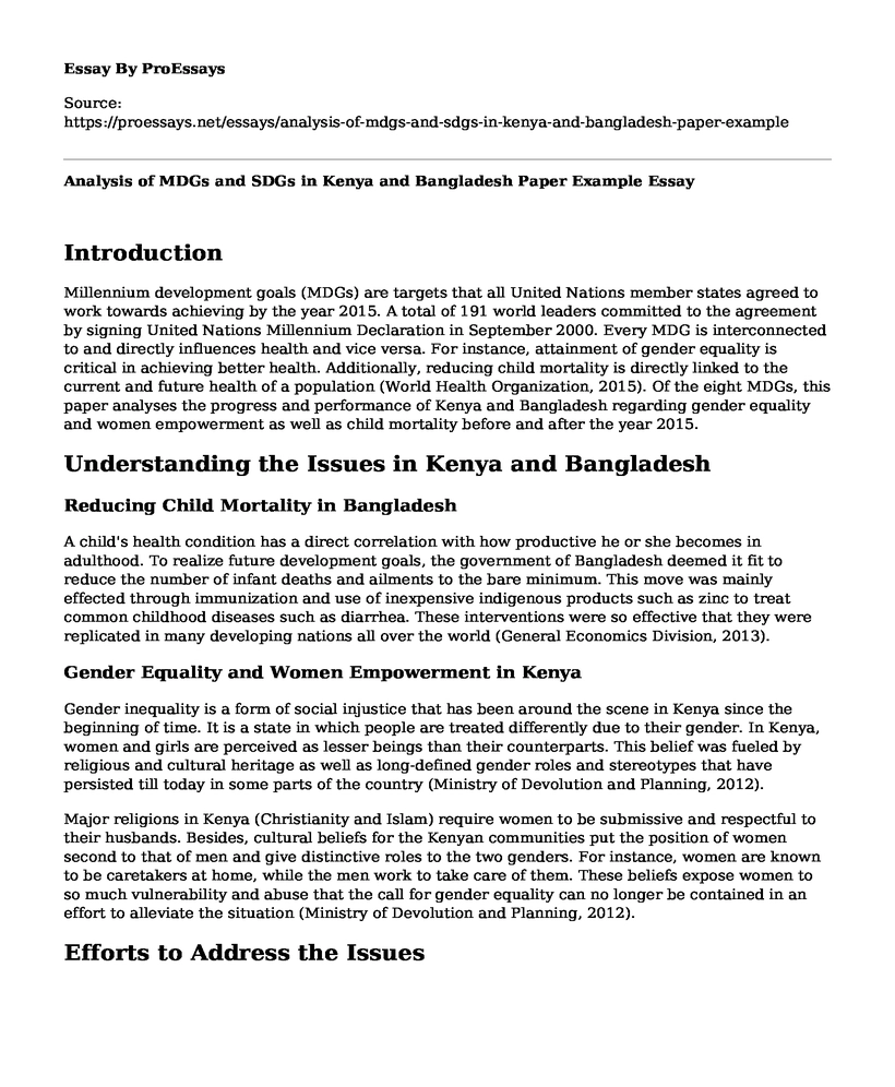Analysis of MDGs and SDGs in Kenya and Bangladesh Paper Example