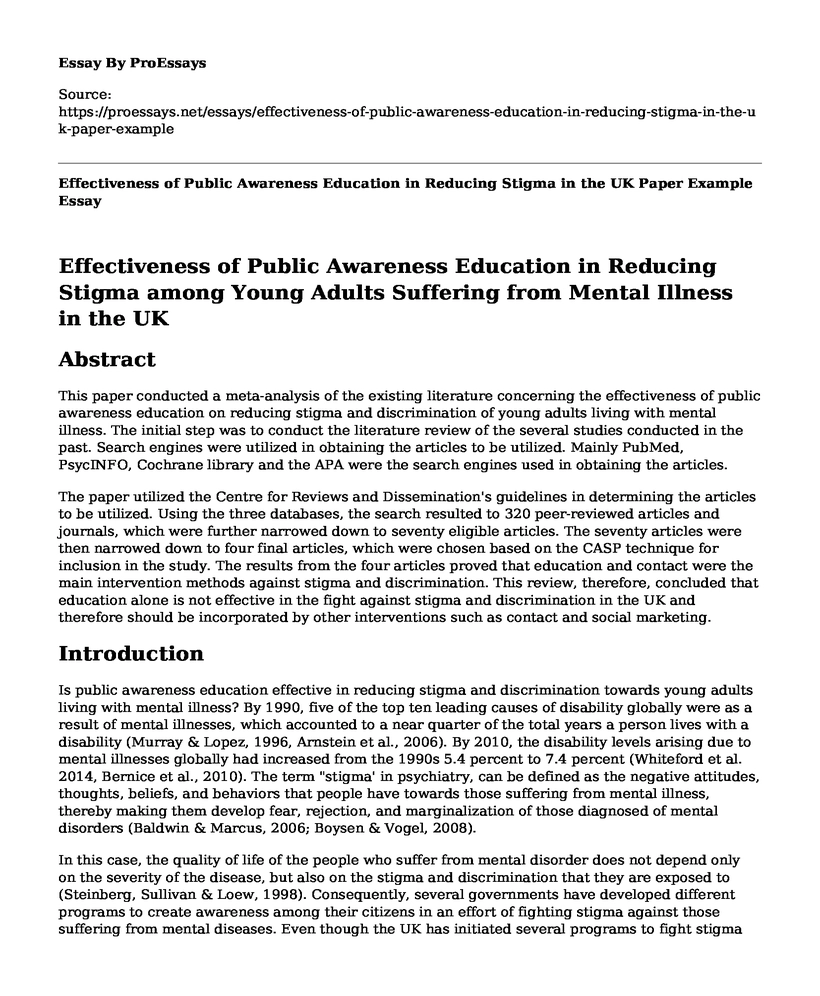 Effectiveness of Public Awareness Education in Reducing Stigma in the UK Paper Example