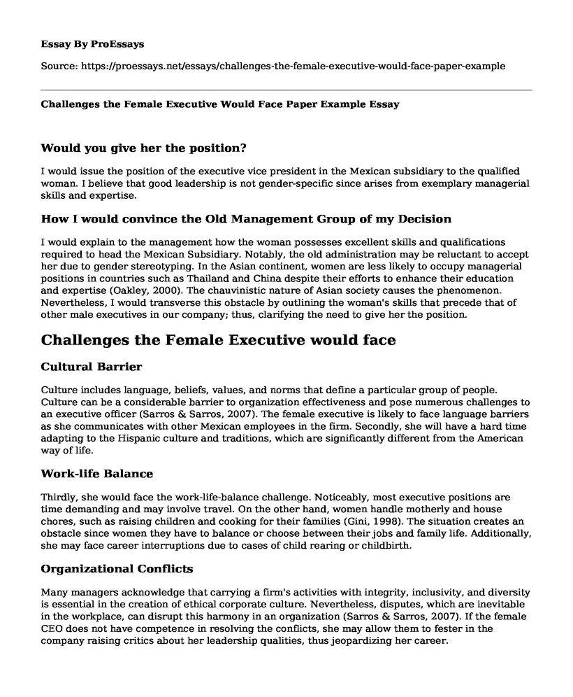 Challenges the Female Executive Would Face Paper Example