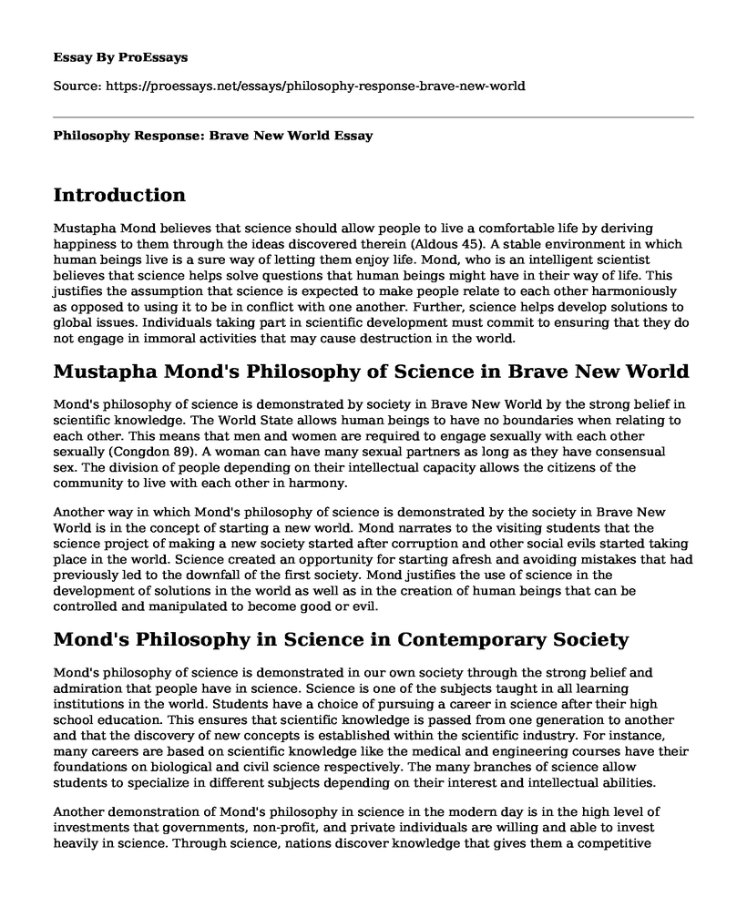 Philosophy Response: Brave New World