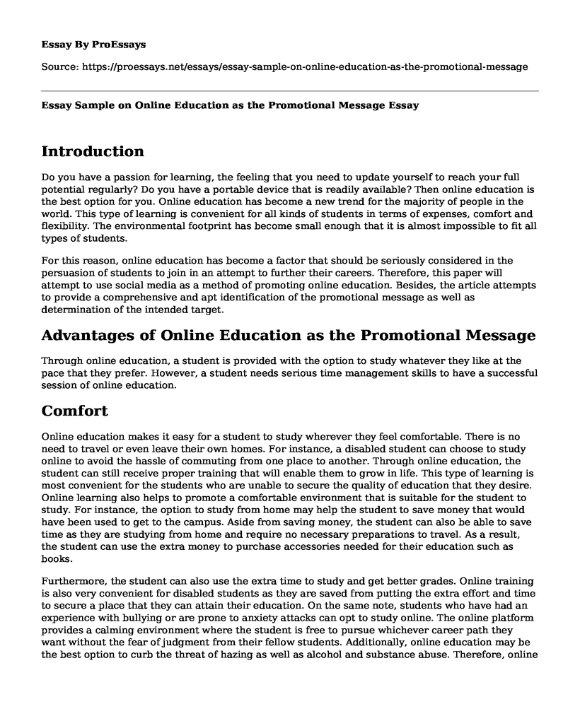 Essay Sample on Online Education as the Promotional Message