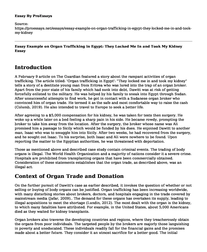 Essay Example on Organ Trafficking in Egypt: They Locked Me In and Took My Kidney