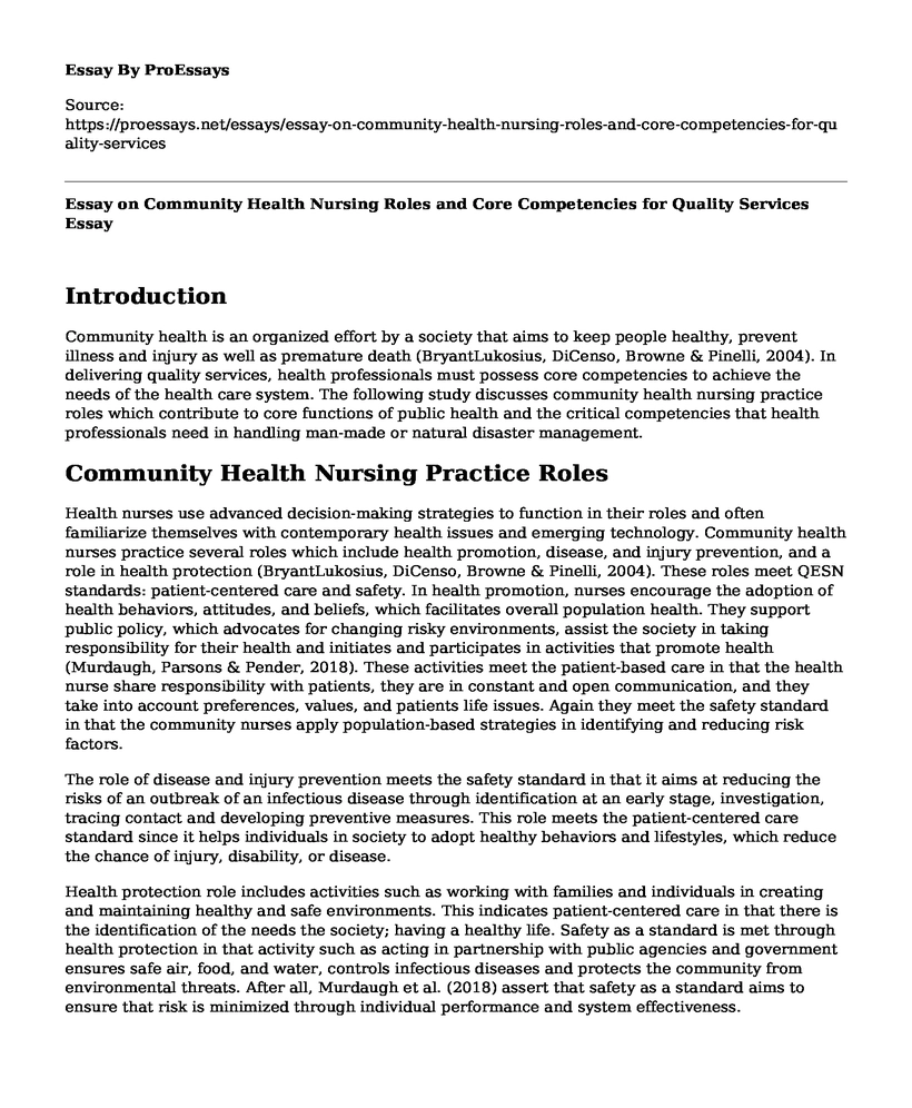 Essay on Community Health Nursing Roles and Core Competencies for Quality Services
