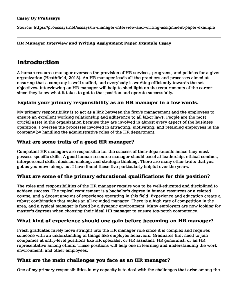 HR Manager Interview and Writing Assignment Paper Example