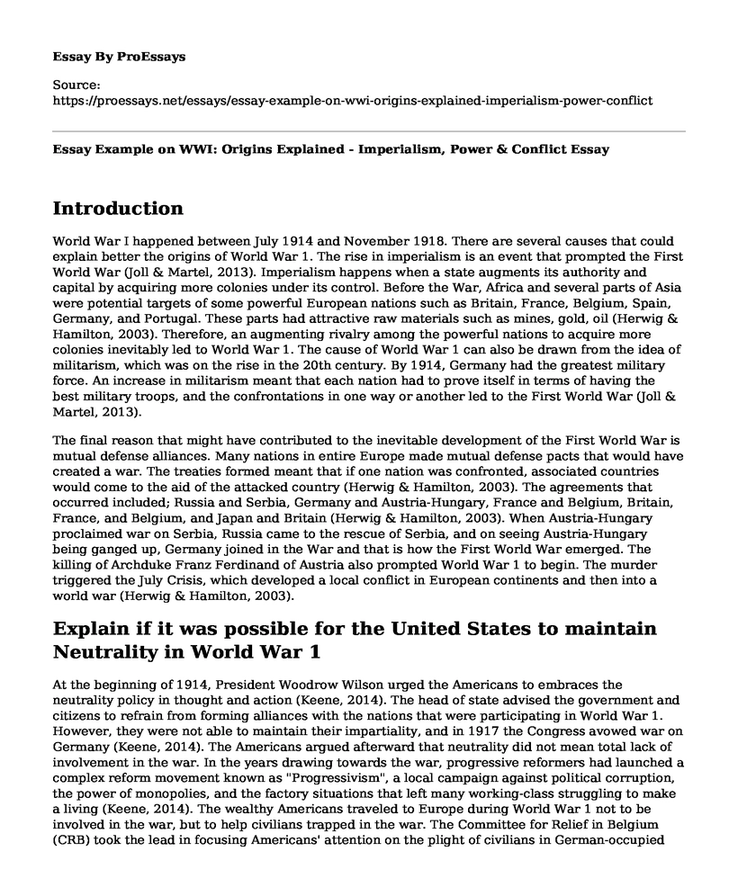 Essay Example on WWI: Origins Explained - Imperialism, Power & Conflict