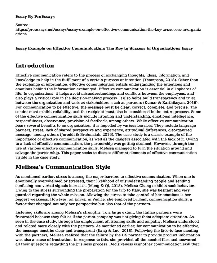 Essay Example on Effective Communication: The Key to Success in Organizations