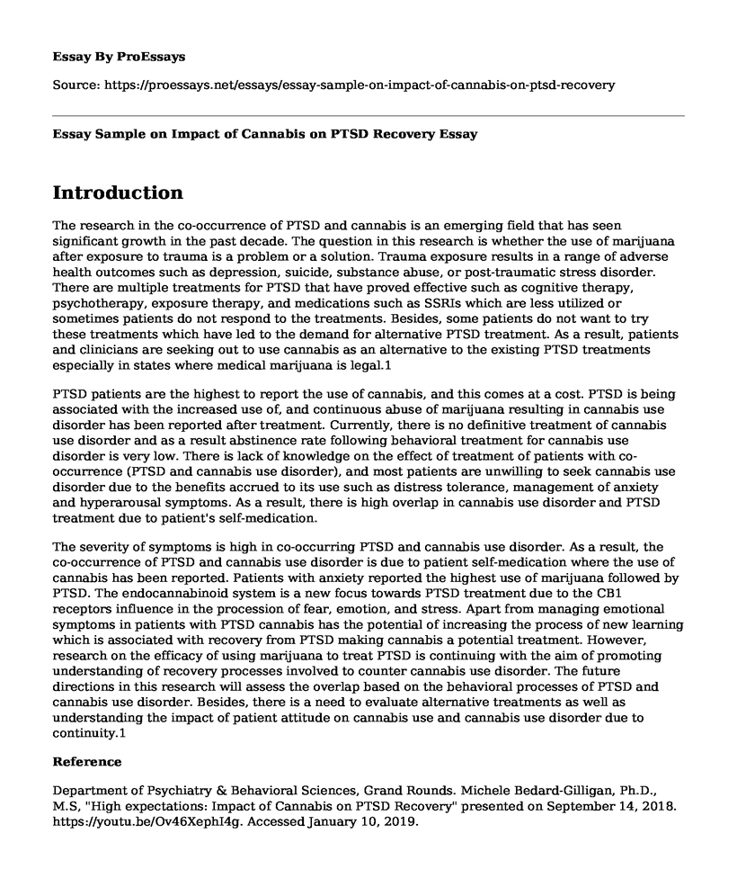 Essay Sample on Impact of Cannabis on PTSD Recovery
