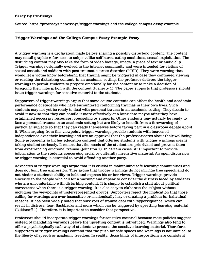 Trigger Warnings and the College Campus Essay Example