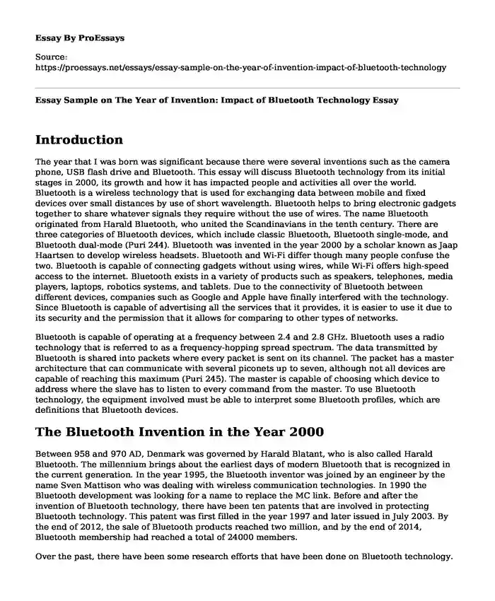 Essay Sample on The Year of Invention: Impact of Bluetooth Technology