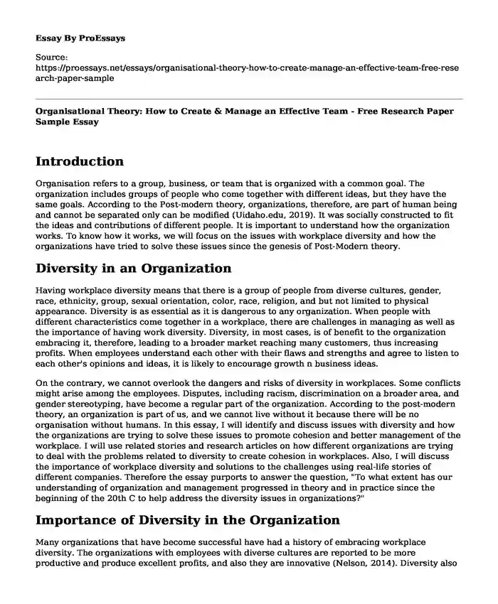 Organisational Theory: How to Create & Manage an Effective Team - Free Research Paper Sample