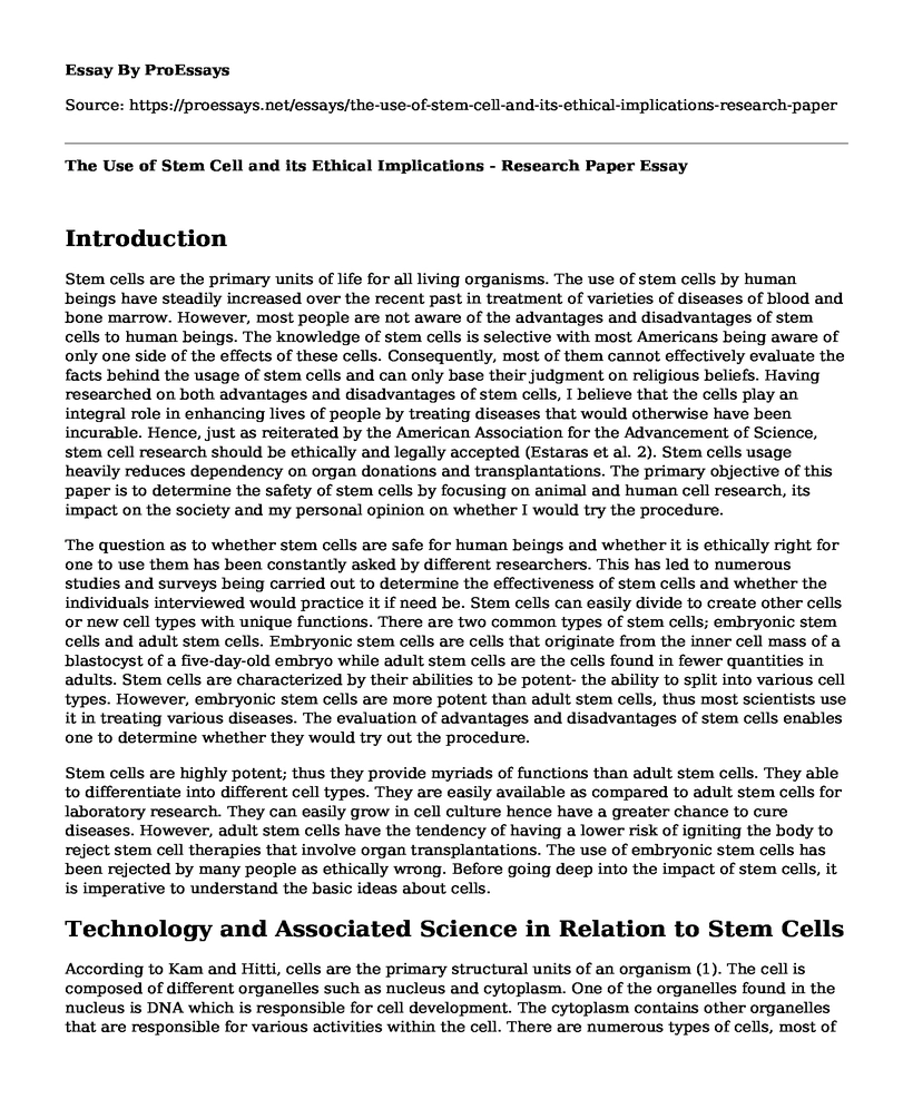 The Use of Stem Cell and its Ethical Implications - Research Paper