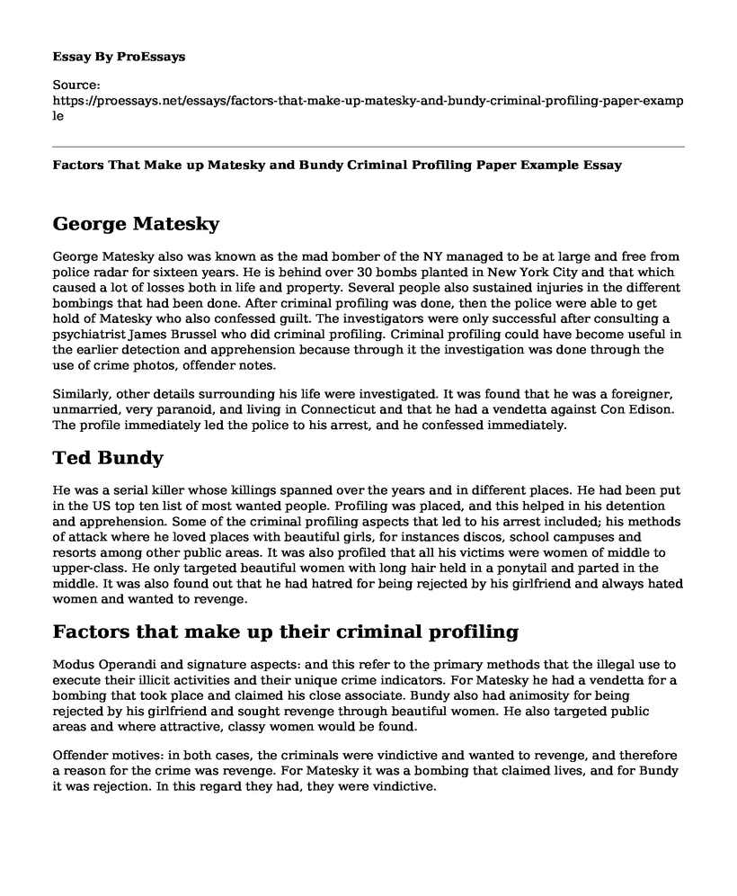 Factors That Make up Matesky and Bundy Criminal Profiling Paper Example