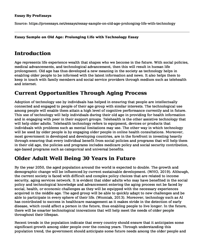 Essay Sample on Old Age: Prolonging Life with Technology