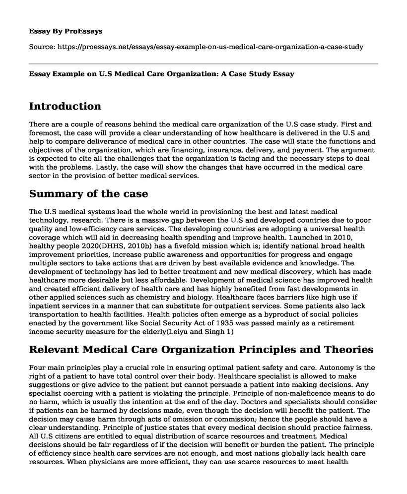 Essay Example on U.S Medical Care Organization: A Case Study
