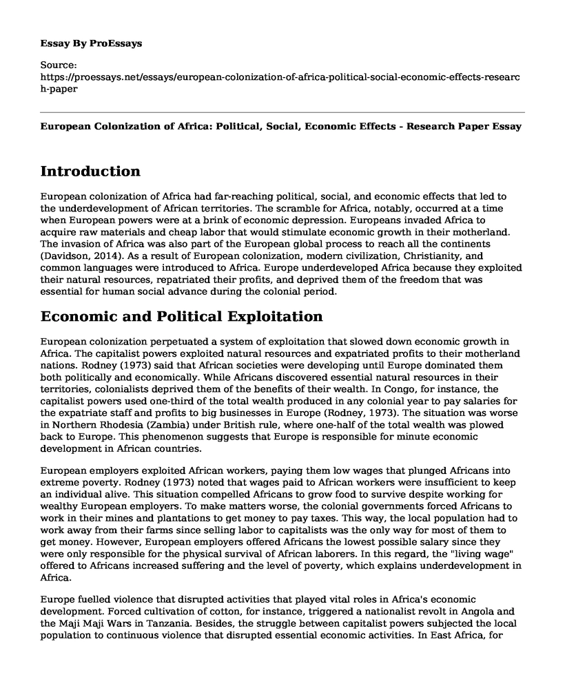 European Colonization of Africa: Political, Social, Economic Effects - Research Paper