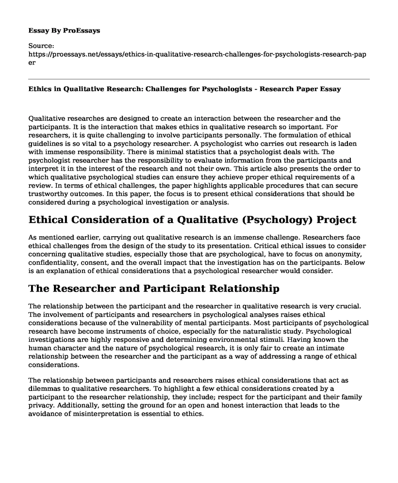 Ethics in Qualitative Research: Challenges for Psychologists - Research Paper