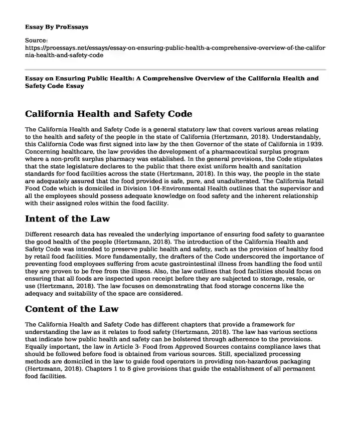 Essay on Ensuring Public Health: A Comprehensive Overview of the California Health and Safety Code