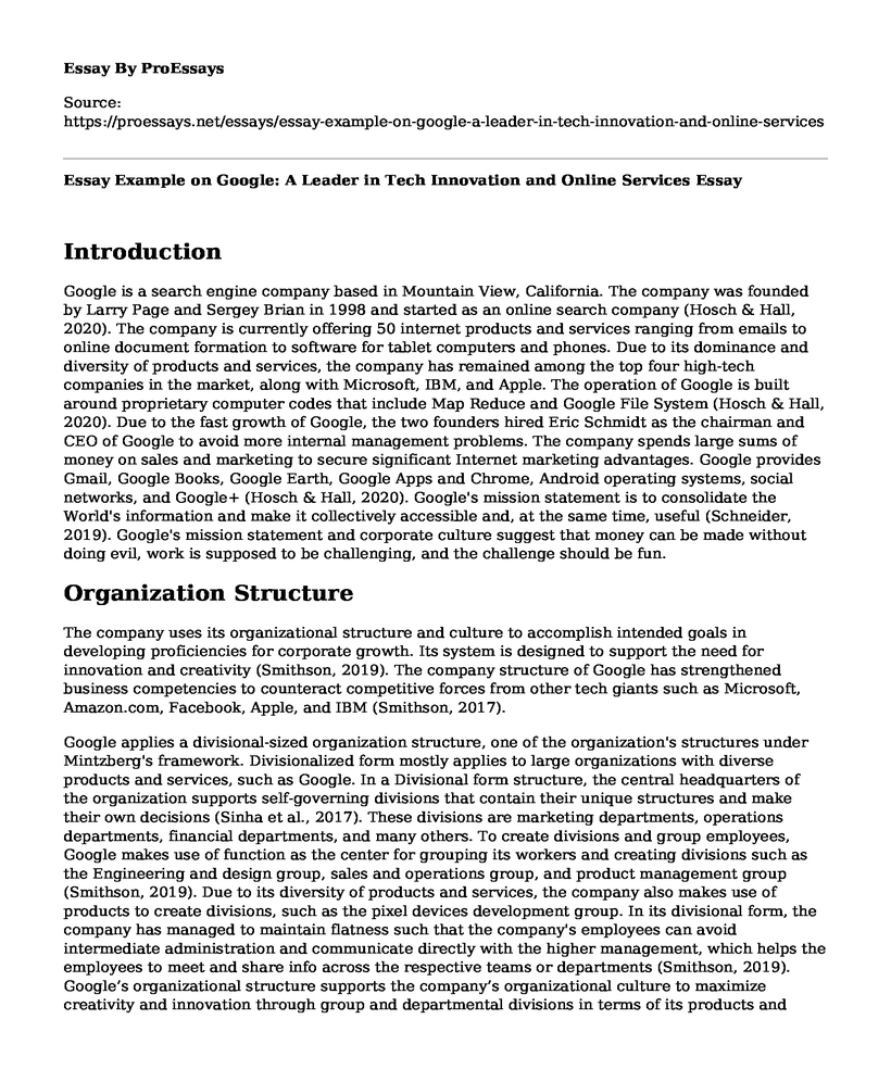 Essay Example on Google: A Leader in Tech Innovation and Online Services