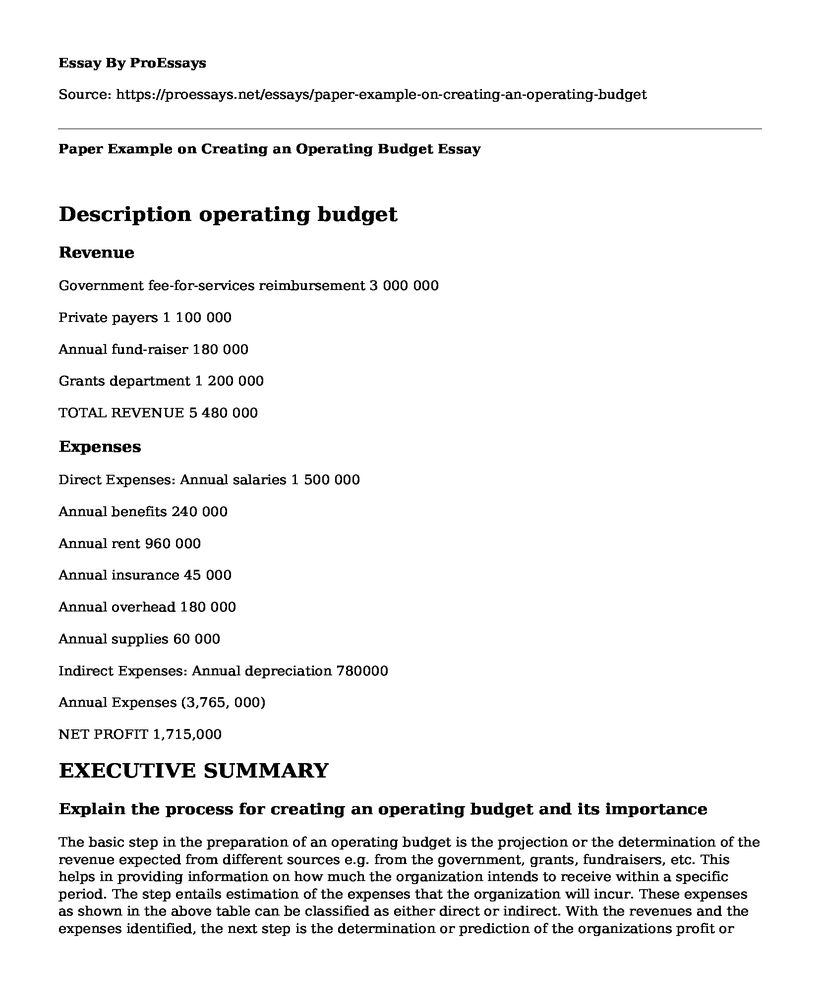 Paper Example on Creating an Operating Budget