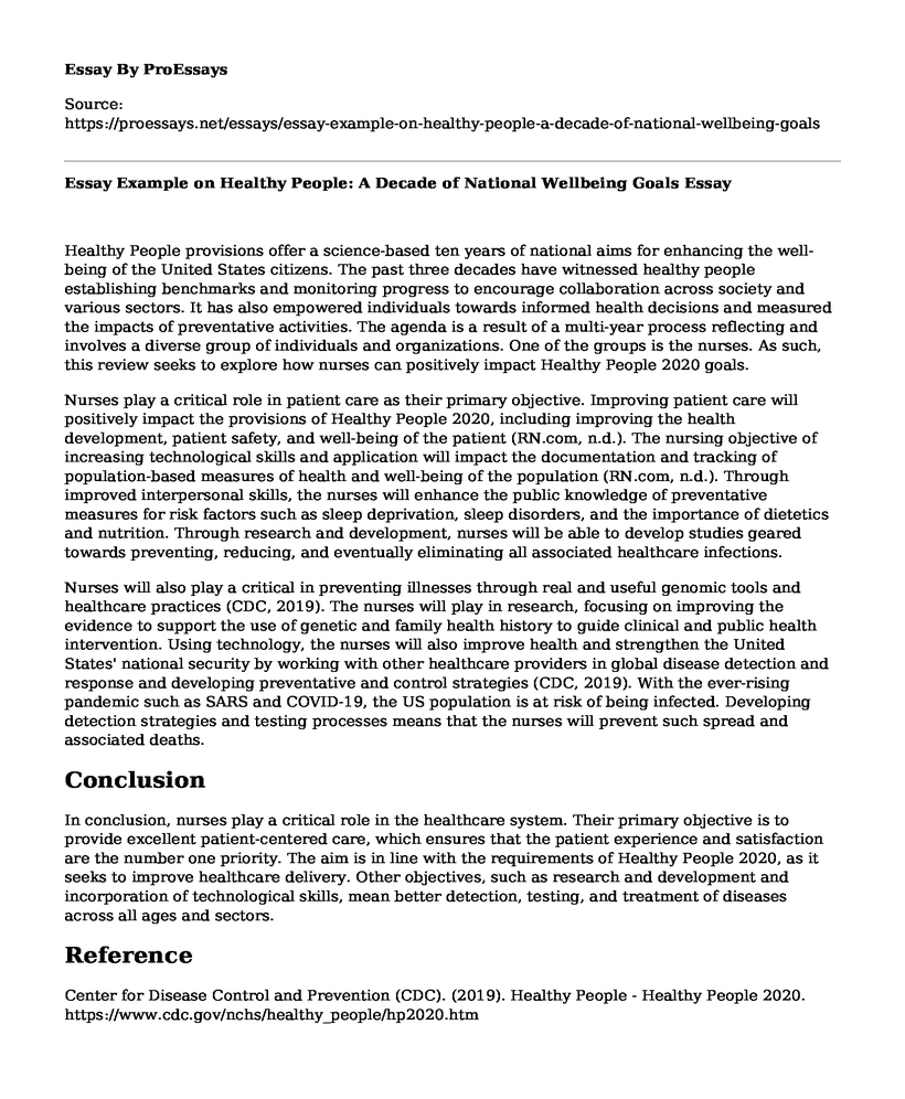 Essay Example on Healthy People: A Decade of National Wellbeing Goals