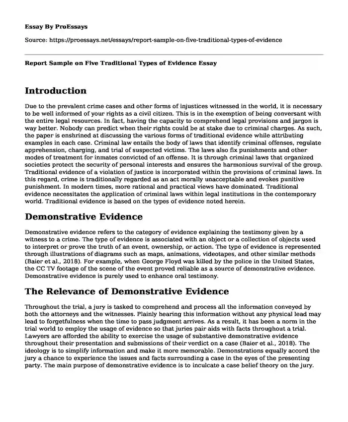 Report Sample on Five Traditional Types of Evidence