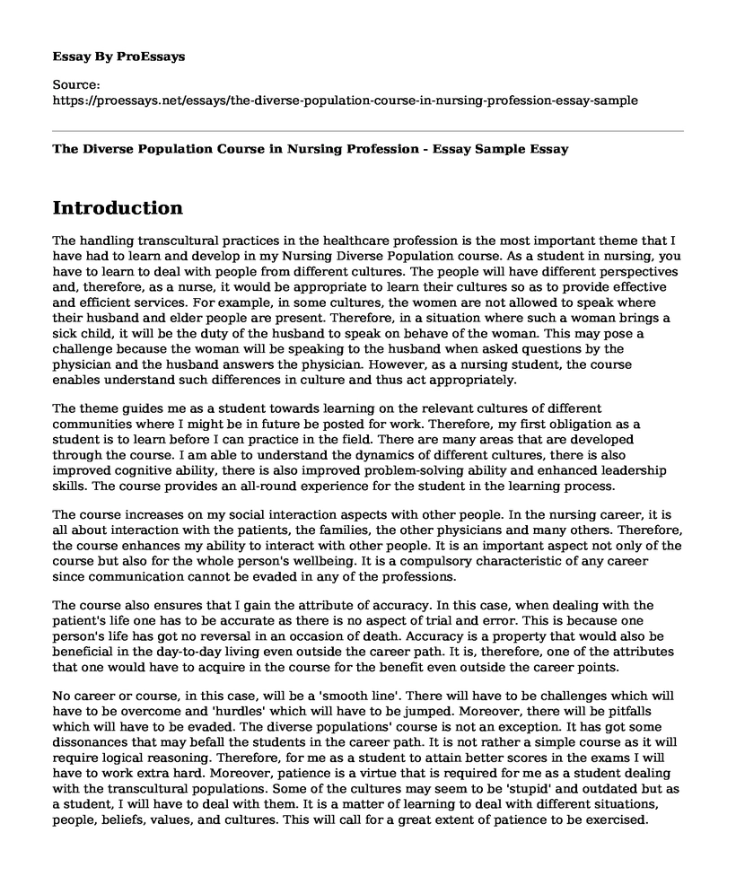 The Diverse Population Course in Nursing Profession - Essay Sample