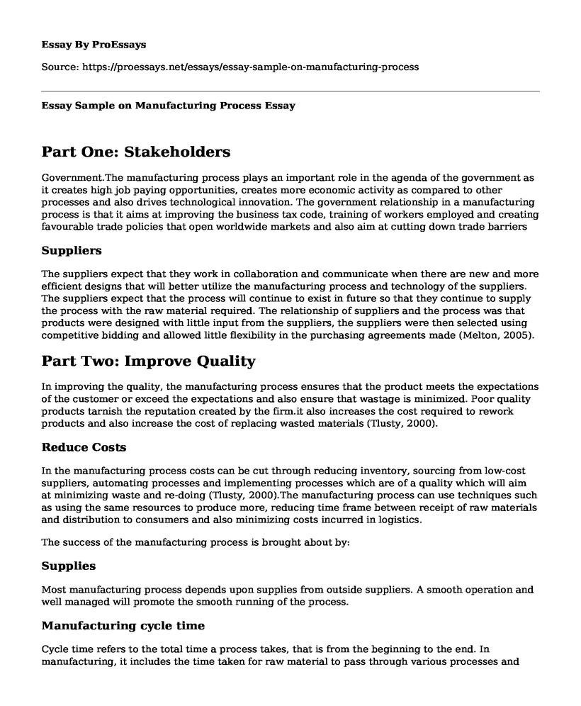 Essay Sample on Manufacturing Process