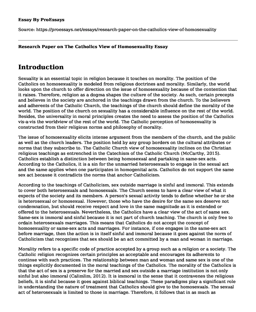 Research Paper on The Catholics View of Homosexuality