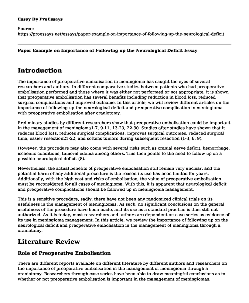 Paper Example on Importance of Following up the Neurological Deficit