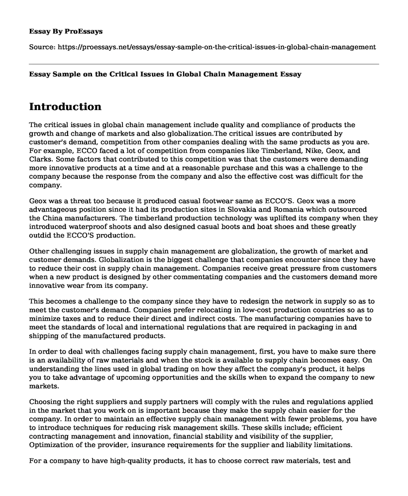 Essay Sample on the Critical Issues in Global Chain Management