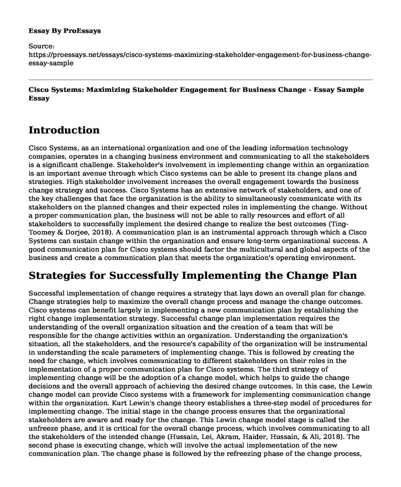 Cisco Systems: Maximizing Stakeholder Engagement for Business Change - Essay Sample