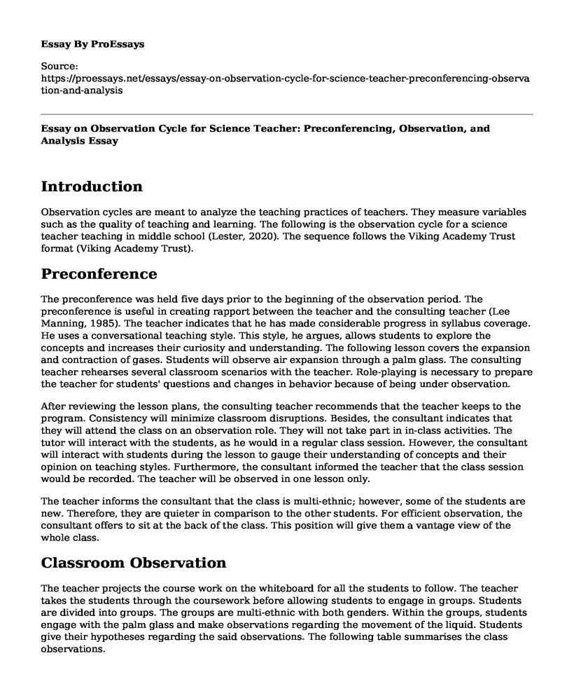 Essay on Observation Cycle for Science Teacher: Preconferencing, Observation, and Analysis