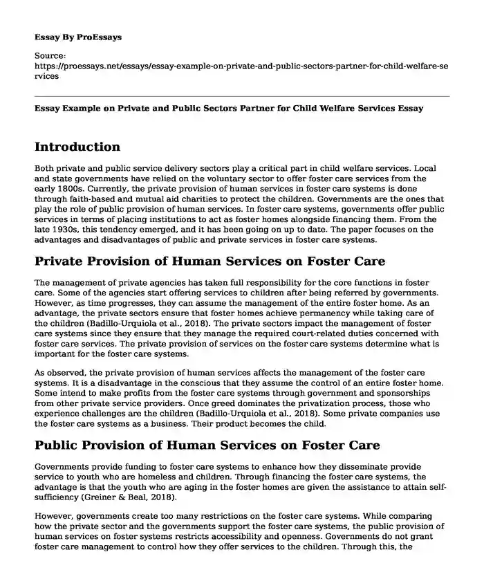 Essay Example on Private and Public Sectors Partner for Child Welfare Services