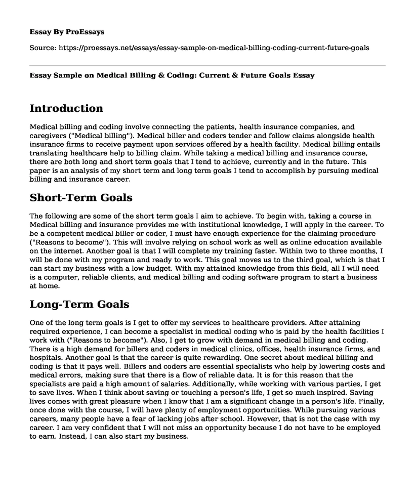 Essay Sample on Medical Billing & Coding: Current & Future Goals