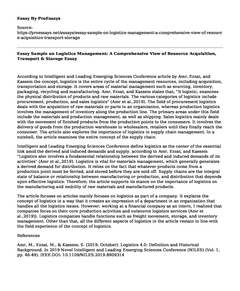 Essay Sample on Logistics Management: A Comprehensive View of Resource Acquisition, Transport & Storage