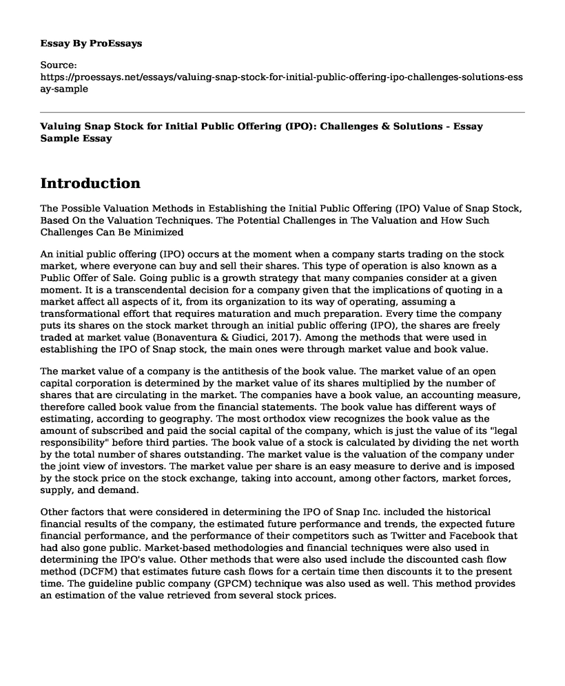 Valuing Snap Stock for Initial Public Offering (IPO): Challenges & Solutions - Essay Sample