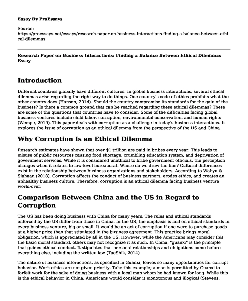 Research Paper on Business Interactions: Finding a Balance Between Ethical Dilemmas