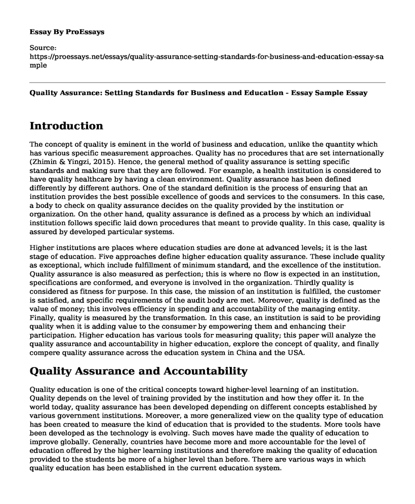 Quality Assurance: Setting Standards for Business and Education - Essay Sample