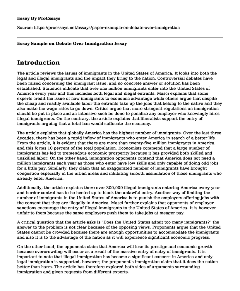 Essay Sample on Debate Over Immigration