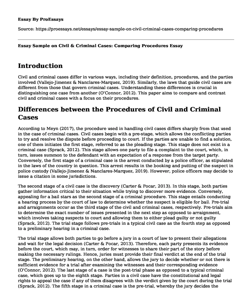 Essay Sample on Civil & Criminal Cases: Comparing Procedures