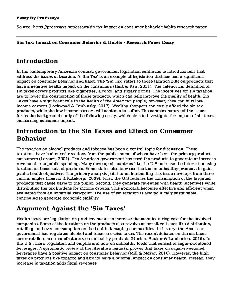 Sin Tax: Impact on Consumer Behavior & Habits - Research Paper