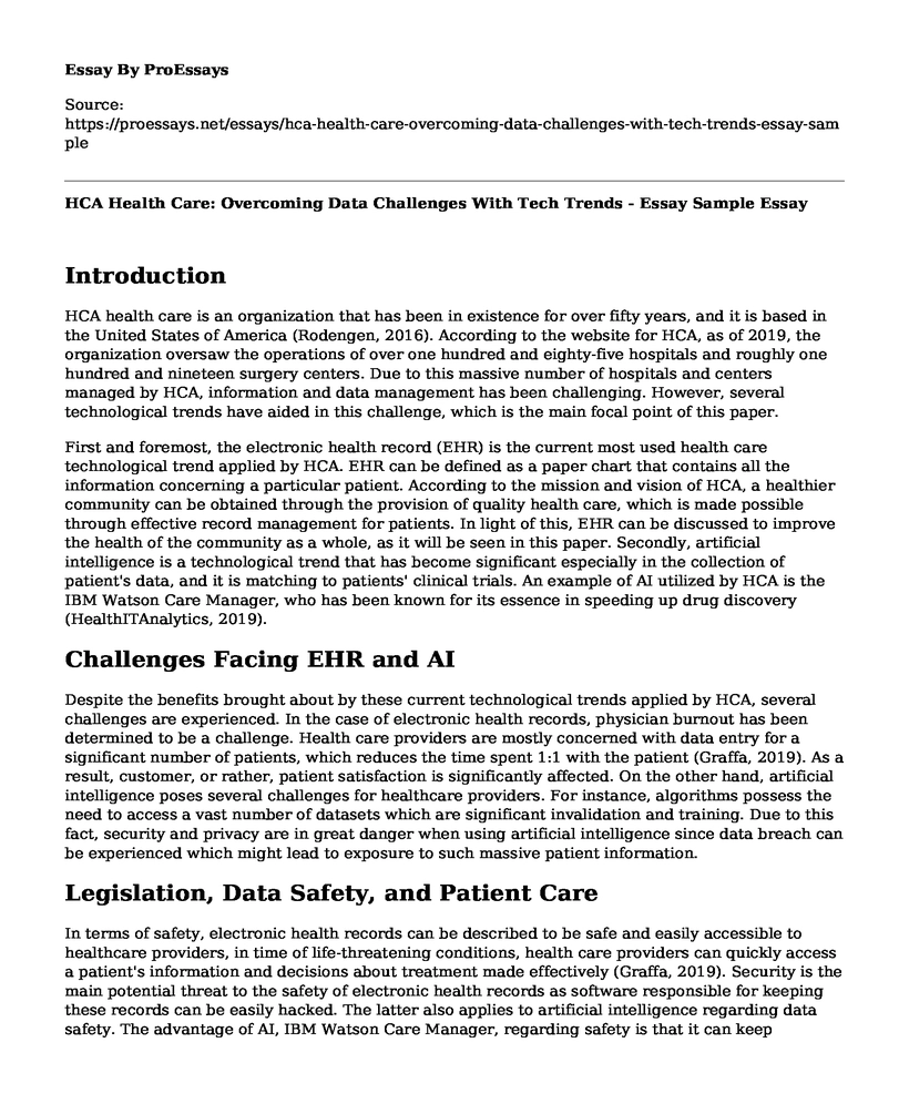 HCA Health Care: Overcoming Data Challenges With Tech Trends - Essay Sample