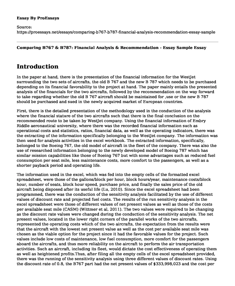 Comparing B767 & B787: Financial Analysis & Recommendation - Essay Sample