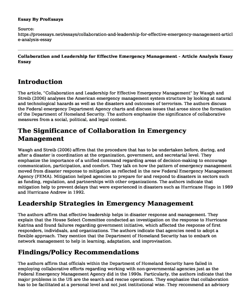 Collaboration and Leadership for Effective Emergency Management - Article Analysis Essay
