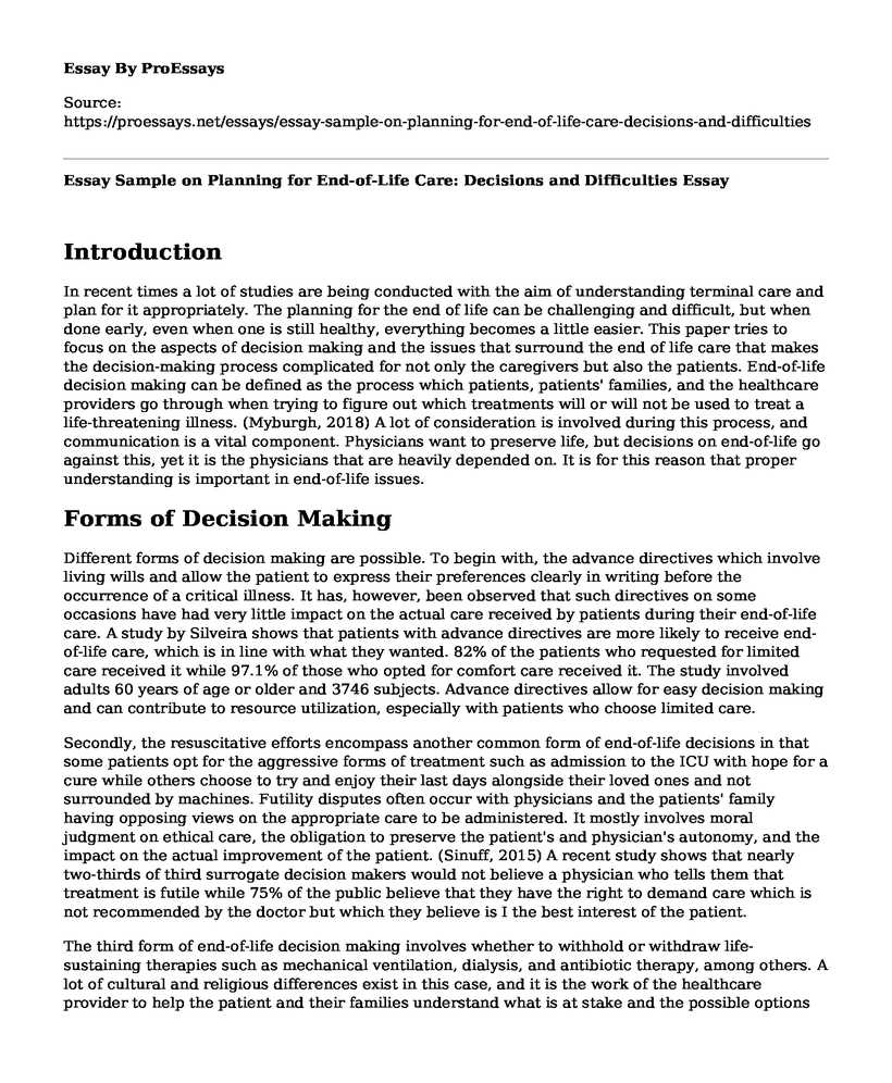 Essay Sample on Planning for End-of-Life Care: Decisions and Difficulties