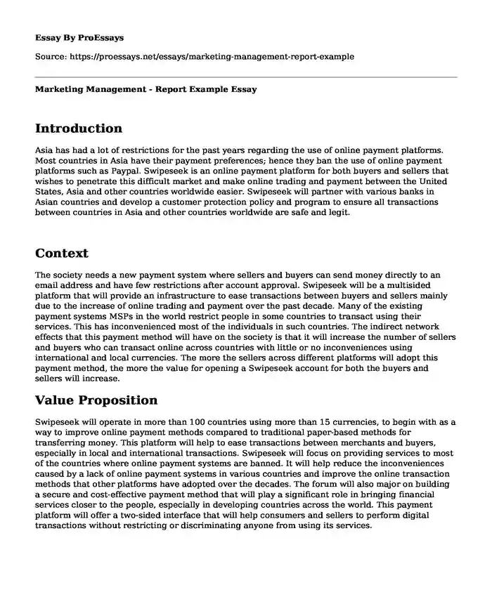 Marketing Management - Report Example