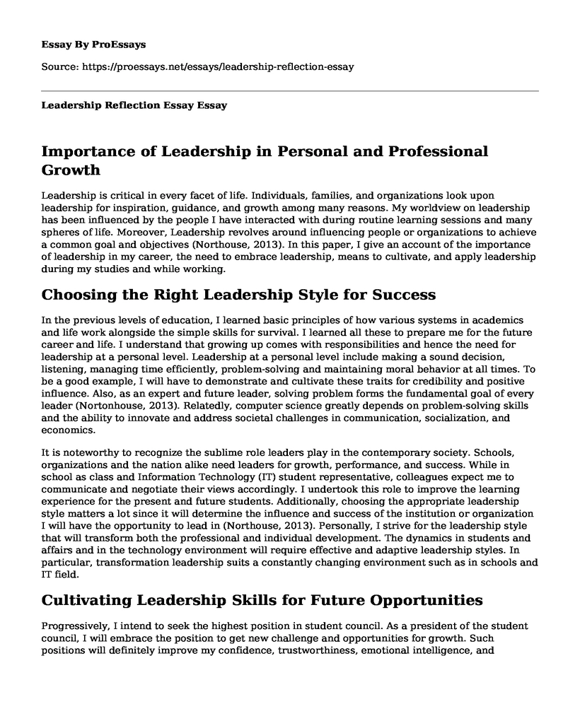 self reflection essay leadership