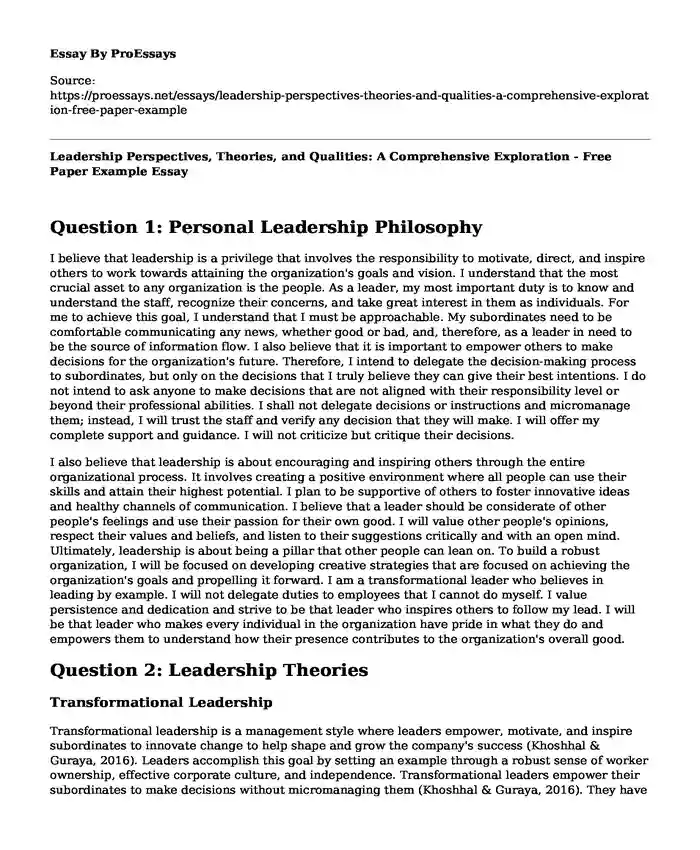 Leadership Perspectives, Theories, and Qualities: A Comprehensive Exploration - Free Paper Example